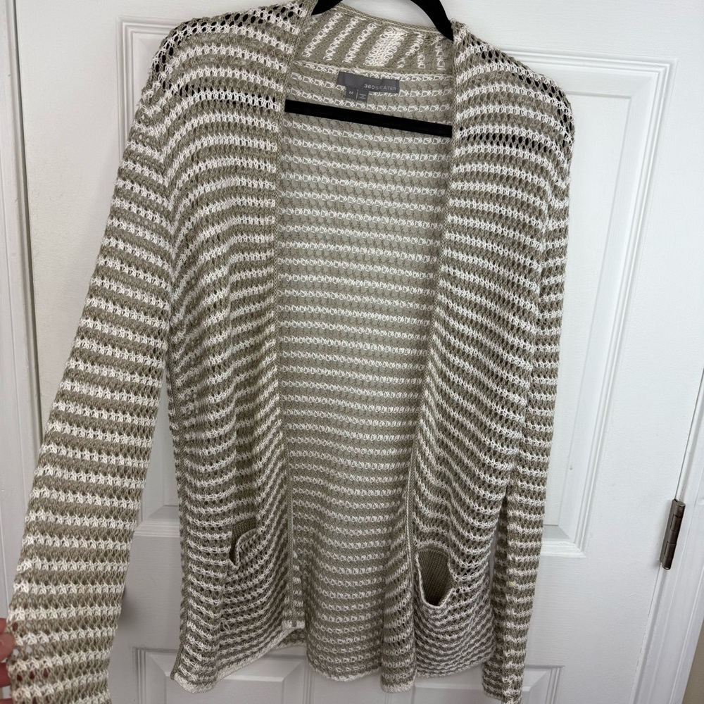 360 Sweater 100% linen Beige and White Striped Sweater